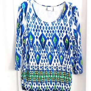 Chico's Colorful Pullover Top 3/4 Sleeve Side Ruching Size Medium